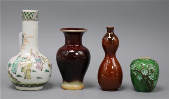 A Chinese famille rose vase and three monochrome vases